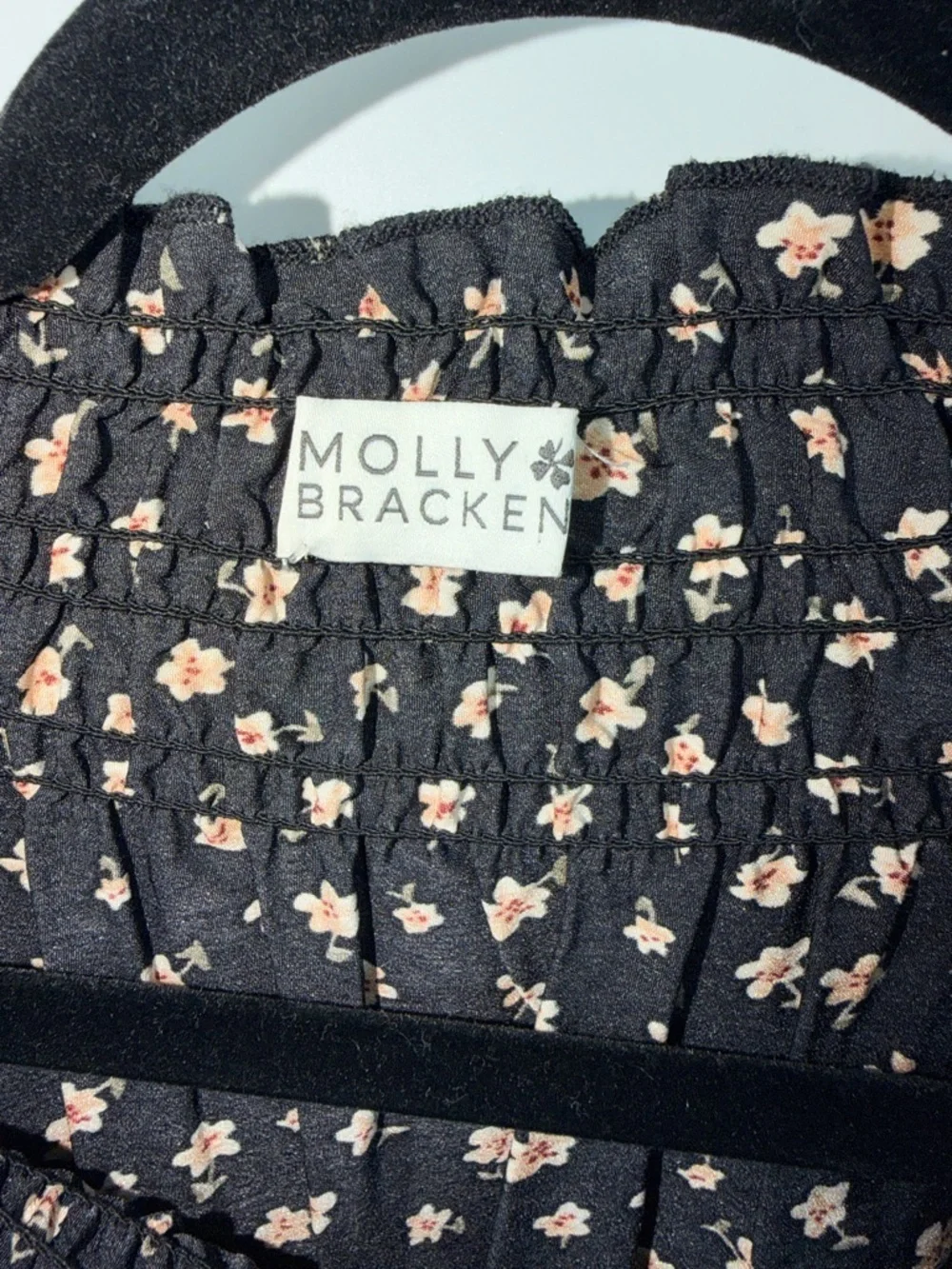 Molly Bracken Black Floral Smocked Blouse Sheer Cottagecore Romantic Top M